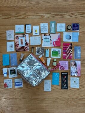 Silver Metallic Cosmetic Pouch with Assorted Beauty Samples skin care self care